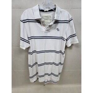 Abercrombie & Fitch Mens XL Muscle Fit Polo Shirt Striped Cream Navy Blue Moose